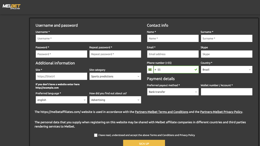 Registration in Melbet affiliates